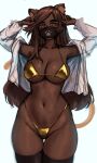  1girl animal_ear_fluff animal_ears arms_up big_hair bikini black_thighhighs breasts brown_hair cat_ears cat_girl cleavage covered_mouth dark-skinned_female dark_skin gold_bikini groin highres large_breasts long_hair looking_at_viewer mask masked_cat_girl_(roresu) micro_bikini mismatched_eyebrows mole mole_on_breast mole_on_stomach mouth_mask multiple_moles navel open_clothes open_shirt original roresu shirt solo sweat swimsuit thick_eyebrows thick_thighs thigh_gap thighhighs thighs underboob very_long_hair white_shirt wide_hips yellow_eyes 