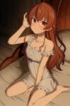  1girl ahoge eris_greyrat hand_up highres indoors long_hair mushoku_tensei nightgown ogi_non on_bed red_eyes red_hair sitting solo wariza wooden_floor 