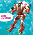  alternate_costume apex_legends arino_zarame bag blue_background christmas fake_beard fake_facial_hair full_body gift hand_up hat merry_christmas over_shoulder pathfinder_(apex_legends) red_hat robot santa_hat speech_bubble standing waving yellow_eyes 