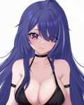  1girl acheron_(honkai:_star_rail) arm_strap armpit_crease bare_shoulders black_choker breasts choker cleavage collarbone commentary criss-cross_halter diamond-shaped_pupils diamond_(shape) dress earrings english_commentary eyes_visible_through_hair hair_between_eyes hair_over_one_eye halterneck highres honkai:_star_rail honkai_(series) jewelry large_breasts long_hair looking_at_viewer multicolored_hair parted_lips purple_eyes purple_hair simple_background sleeveless sleeveless_dress solo streaked_hair sweat symbol-shaped_pupils upper_body white_background zxcsque 