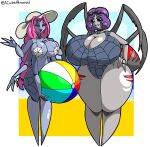 animal_humanoid anthro arachnid arachnid_humanoid arthropod arthropod_abdomen arthropod_humanoid arthropod_webbing ball beach_ball big_breasts bikini braided_pigtails breasts clothing cubedmans curvy_figure duo eyewear fangs female goggles hair hand_on_breast hand_on_hip hat headgear headwear hi_res holding_object humanoid inflatable multi_eye multi_limb one-piece_swimsuit pink_hair poofy_hair purple_hair signature simple_background spider_humanoid summer swimwear taffeta_silkin teeth thick_thighs