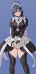  1girl alternate_costume amayo_thranana black_dress black_thighhighs blue_background blue_hair breasts brown_eyes closed_mouth dress enmaided feet_out_of_frame fire_emblem fire_emblem_fates hair_between_eyes headdress highres large_breasts long_hair maid oboro_(fire_emblem) simple_background smile solo standing thighhighs thighs 
