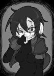  1girl absurdres aile_(mega_man_zx) breasts bruise bruise_on_face buzzlyears fingerless_gloves gloves greyscale highres injury looking_at_viewer medium_breasts mega_man_(series) mega_man_zx monochrome sharp_teeth teeth uneven_eyes 