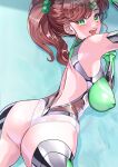  1girl absurdres arion_canvas ass back backless_outfit bare_back bare_shoulders bishoujo_senshi_sailor_moon bodysuit breasts brown_hair covered_nipples green_eyes highres kino_makoto large_breasts long_hair looking_at_viewer looking_back open_mouth ponytail sailor_jupiter smile solo taimanin_(series) taimanin_suit 