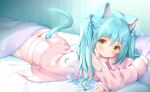  animal_ears aqua_hair bed blush catgirl long_hair murano original pajamas panties tail twintails underwear waifu2x 