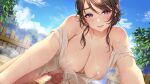  breasts brown_hair censored clouds dorei_himekishi_to_dorei_jijo_to_no_slow_life farna_(dorei_himekishi_to_dorei_jijo_to_no_slow_life) game_cg masami_chie nipples no_bra penis purple_eyes see_through sky waffle wet 