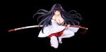  allenes black black_hair blush breasts cleavage japanese_clothes katana long_hair miko no_bra original red_eyes sword thighhighs weapon 