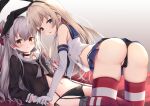  2girls amatsukaze_(kancolle) anthropomorphism ass blonde_hair blush brown_eyes cameltoe elbow_gloves garter_belt gloves gradient gray_hair headband kantai_collection long_hair misomiso_154 navel panties school_uniform shimakaze_(kancolle) skirt stockings thighhighs underwear 