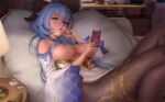  bed blue_hair breasts daria_leonova ganyu_(genshin_impact) genshin_impact horns long_hair nipples phone purple_eyes watermark 