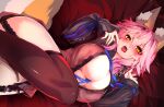  animal_ears breasts cleavage fang fate/grand_order fate_(series) foxgirl garter_belt long_hair no_bra pink_hair ribbons see_through stockings tail tamamo_no_mae_(fate) wisespeak yellow_eyes 