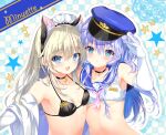  2girls animal_ears aqua_eyes bell bikini blonde_hair blue_hair blush catgirl choker collar cosplay elbow_gloves emily flat_chest gloves green_eyes headband long_hair navel original shirt swimsuit 