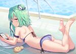 animal ass barefoot bikini bird green_hair hololive phone pool red_eyes shimokirin swimsuit uruha_rushia 