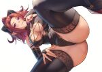  ass bow breasts cameltoe cleavage elbow_gloves gloves happymonk horns leotard original pointed_ears ponytail purple_eyes red_hair scar spread_legs thighhighs white 