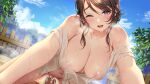  blood breasts brown_hair censored clouds cum dorei_himekishi_to_dorei_jijo_to_no_slow_life farna_(dorei_himekishi_to_dorei_jijo_to_no_slow_life) game_cg masami_chie nipples no_bra penis purple_eyes see_through sex sky waffle wet wink 