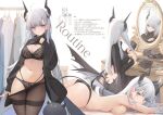  blue_eyes bra breasts cleavage dyolf gray_hair horns mirror panties pantyhose pointed_ears reflection shirt_lift tail topless translation_request underwear undressing wings 