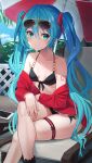  bibboss39 bikini garter hatsune_miku megane open_shirt swimsuits tattoo vocaloid 