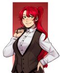  1girl breasts commentary ear_piercing english_commentary eyebrows_visible_through_hair formal green_eyes hand_on_hip large_breasts long_hair long_sleeves looking_at_viewer naitourse parted_lips piercing ponytail pyrrha_nikos red_hair rwby smile solo suit teeth 