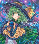  1girl :o black_headwear blouse blue_flower blue_petals blue_rose blush cowboy_shot eyebrows_visible_through_hair flower frilled_blouse frilled_hat frilled_ribbon frilled_shirt_collar frilled_skirt frills green_eyes green_hair green_skirt hat hat_ribbon holding komeiji_koishi looking_at_viewer marker_(medium) medium_hair open_mouth pink_flower pink_rose purple_background ribbon rose rui_(sugar3) sample skirt solo third_eye touhou traditional_media wide_sleeves yellow_blouse yellow_ribbon 