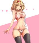  1girl alice_margatroid amagi_(amagi626) ass_visible_through_thighs bangs bare_shoulders black_legwear blonde_hair blue_eyes blush bow bow_bra bow_panties bra breasts cleavage collarbone commentary_request eyebrows_visible_through_hair eyelashes hairband holding holding_towel large_breasts light_smile lips lolita_hairband navel panties pink_bra pink_panties red_hairband short_hair sidelocks solo standing thighhighs thighs touhou towel underwear underwear_only 