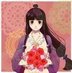  1girl ace_attorney black_hair bouquet chimakisan closed_mouth flower hair_ornament half_updo holding japanese_clothes jewelry kimono long_hair looking_at_viewer magatama maya_fey necklace rose smile solo 