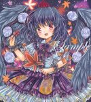  1girl :d autumn_leaves black_hair black_wings center_frills cowboy_shot feathered_wings frilled_shirt_collar frilled_skirt frills hat hauchiwa looking_at_viewer marker_(medium) open_mouth orange_ribbon pom_pom_(clothes) print_skirt puffy_sleeves purple_skirt red_eyes red_headwear ribbon rui_(sugar3) sample shameimaru_aya skirt sleeve_ribbon smile solo tokin_hat touhou traditional_media wings 