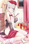  animal_ears bottomless breasts christmas neko nekomimi no_bra open_shirt thighhighs wang-haiquan 