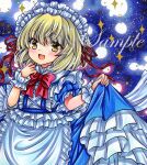  1girl :d apron blonde_hair blue_background blue_skirt bow bowtie cowboy_shot eyebrows_visible_through_hair hair_between_eyes hair_ribbon looking_at_viewer maid maid_headdress marker_(medium) medium_hair mugetsu_(touhou) open_mouth puffy_short_sleeves puffy_sleeves red_bow red_bowtie red_ribbon ribbon rui_(sugar3) sample short_sleeves skirt skirt_hold smile solo touhou touhou_(pc-98) traditional_media waist_apron white_apron wrist_cuffs yellow_eyes 