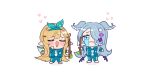  2girls :3 blue_eyes blue_jacket blue_pants blush chibi closed_eyes crying crying_with_eyes_open elira_pendora english_commentary green_ribbon hair_over_one_eye hair_ribbon head_wings holding holding_stick jacket lolooops long_hair low_wings multiple_girls nijisanji nijisanji_en one_eye_covered open_mouth pants pointy_ears pomu_rainpuff ribbon shirt smile squid_game stick tears track_jacket track_suit very_long_hair virtual_youtuber white_shirt wings 