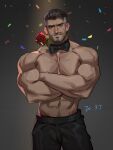  1boy abs amo_(amo9612) bara beard biceps black_hair black_pants blue_eyes bow bowtie confetti crossed_arms facial_hair flower grey_hair jayce_(league_of_legends) large_pectorals league_of_legends looking_at_viewer male_focus male_underwear male_underwear_peek mouth_hold multicolored_hair muscular muscular_male navel nipples pants pectorals red_flower red_male_underwear red_rose rose short_hair solo topless_male two-tone_hair underwear 