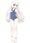  1girl absurdres albino bangs barefoot blue_swimsuit commentary commentary_request full_body hand_up head_tilt highres long_hair looking_at_viewer md5_mismatch nomiku open_mouth original pale_skin red_eyes school_swimsuit standing swimsuit 