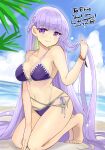  1girl absurdly_long_hair absurdres alternate_costume beach bikini blue_sky blush breasts cleavage cloud cloudy_sky collarbone commission commissioner_upload day fire_emblem fire_emblem:_the_binding_blade halterneck highleg highres large_breasts long_hair midriff navel outdoors purple_bikini purple_eyes purple_hair purple_swimsuit side-tie_bikini signature skeb_commission sky smile solo sophia_(fire_emblem) string_bikini sunlight swimsuit very_long_hair white_swimsuit yukia_(firstaid0) 