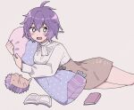  1girl bernadetta_von_varley book fire_emblem fire_emblem:_three_houses garreg_mach_monastery_uniform highres lying object_hug open_book pillow pillow_hug purple_eyes purple_hair remoooon solo stuffed_animal stuffed_toy 