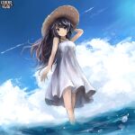  1girl arm_up bangs black_eyes black_hair blue_sky breasts closed_mouth cloud commentary_request condensation_trail copyright_name day dress full_body hat kerberos_blade long_hair looking_at_viewer medium_breasts outdoors shimada_sarasara sky sleeveless sleeveless_dress smile solo straw_hat sundress wading water white_dress 