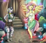  2019 alicorn_amulet breasts cleavage clothed clothing draltruist equine feathers female fluttershy_(mlp) friendship_is_magic glowing growing horn magic mammal my_little_pony neck_rings piercing transformation winged_unicorn wings zebra zecora_(mlp) 