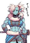  abs armor biceps blue_eyes blue_skin breasts clothed clothing crop_top ear_piercing ear_ring fangs female fur_collar gauntlets gloves hair humanoid japanese_text melee_weapon midriff muscular muscular_female navel not_furry piercing pointy_ears ponytail shirt shorts smile text translation_request tsuki_wani weapon white_hair 