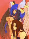  1girl arms_up asymmetrical_wings blue_hair breasts dizzy guilty_gear kizaki large_breasts long_hair nipples nude red_eyes testament_(guilty_gear) underboob wings 