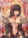  1girl bangs bare_shoulders black_choker black_dress black_jacket breasts breasts_apart brown_hair center_opening cherry_blossoms choker collarbone commentary_request consort_yu_(fate) dress fate/grand_order fate_(series) flower fur_collar hair_ornament highres jacket kanzashi long_hair long_sleeves looking_at_viewer luminous medium_breasts navel open_clothes open_jacket parted_lips red_eyes red_flower revealing_clothes sidelocks solo standing stomach tree upper_body water 