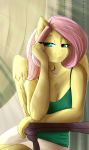 2018 bedroom_eyes blue_eyes breasts cleavage clothed clothing equine female fluttershy_(mlp) friendship_is_magic hair half-closed_eyes huckser jewelry mammal my_little_pony necklace pegasus pink_hair pose seductive sitting solo wings 