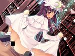  1girl ass blue_bow blush book bottomless bow censored crescent cum cum_in_pussy from_behind girl_on_top hair_ribbon hat hat_ribbon hetero kirise_mitsuru library long_hair looking_at_viewer looking_back one_eye_closed open_mouth patchouli_knowledge penis purple_eyes purple_hair red_bow ribbon sex solo_focus touhou vaginal voile wince 