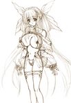  bangs breasts dizzy eyebrows_visible_through_hair guilty_gear large_breasts long_sleeves monochrome nipples shujin sketch solo thighhighs 