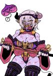  big_breasts breasts cleavage clothed clothing demon female hair holding_object holding_weapon horn humanoid japanese_clothing legwear mask melee_weapon not_furry pointy_ears purple_hair purple_skin sharp_teeth short_hair slit_pupils solo spade_tail sword teeth thigh_highs tsuki_wani weapon yellow_eyes 