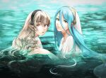  2girls azura_(fire_emblem) bangs bathing bavaa black_headband blue_hair closed_mouth commentary corrin_(fire_emblem) corrin_(fire_emblem)_(female) fire_emblem fire_emblem_fates grey_hair hair_between_eyes hair_tubes headband in_water long_hair looking_at_viewer manakete multiple_girls panties parted_bangs partially_submerged pointy_ears red_eyes shirt underwear veil very_long_hair water wet wet_clothes wet_hair wet_shirt white_shirt white_veil yellow_eyes 