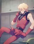  1boy bare_shoulders belt blonde_hair blue_eyes char_aznable gloves gundam hand_on_hip haro indoors light_particles male_focus military military_uniform quattro_vageena red_gloves red_theme removing_eyewear short_hair sleeveless solo son_(skvnmn0) sunglasses uniform zero_gravity zeta_gundam 