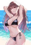  1girl aosaki_yukina armpits arms_up bangs bare_arms bare_shoulders beach bikini black_bikini blue_sky breasts brown_hair cloud commentary_request cowboy_shot day grin hair_ornament hairclip highres large_breasts long_hair looking_at_viewer navel original outdoors parted_lips purple_eyes side-tie_bikini sky smile solo standing stomach swimsuit thighs very_long_hair water 