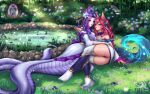  ahri animal_ears ass cassiopeia japanese_clothes league_of_legends monster_girl no_bra open_shirt pantsu sainty tail thighhighs thong yuri 