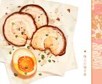  commentary cyannism egg english_commentary floral_background food food_focus meat napkin no_humans original simple_background spring_onion translation_request white_background work_in_progress 