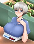  1girl blue_eyes blue_shirt blush breasts breasts_on_table couch eyelashes fraankyy green_hair hand_on_own_chest highres large_breasts looking_at_viewer md5_mismatch nose_blush on_couch plant pot shirt short_hair shy sitting solo t-shirt table uzaki-chan_wa_asobitai! uzaki_hana 