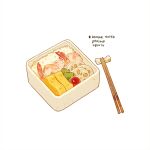  bento chopsticks commentary cyannism egg english_commentary english_text food_focus lotus_root no_humans omelet original rice seafood shrimp simple_background tamagoyaki tomato white_background 