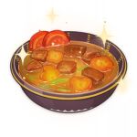  artist_request bowl carrot commentary english_commentary food food_focus genshin_impact lowres meat no_humans official_art sparkle stew still_life third-party_source tomato transparent_background 