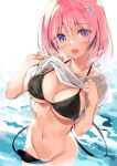  1girl :d bikini black_bikini bottomless breasts cleavage clothes_lift demon_tail hair_ornament hands_up highres large_breasts lifted_by_self looking_at_viewer momo_velia_deviluke navel open_mouth oryou pink_hair purple_eyes shirt shirt_lift short_hair smile solo standing stomach string_bikini swimsuit tail tail_censor to_love-ru wading water wet white_shirt 